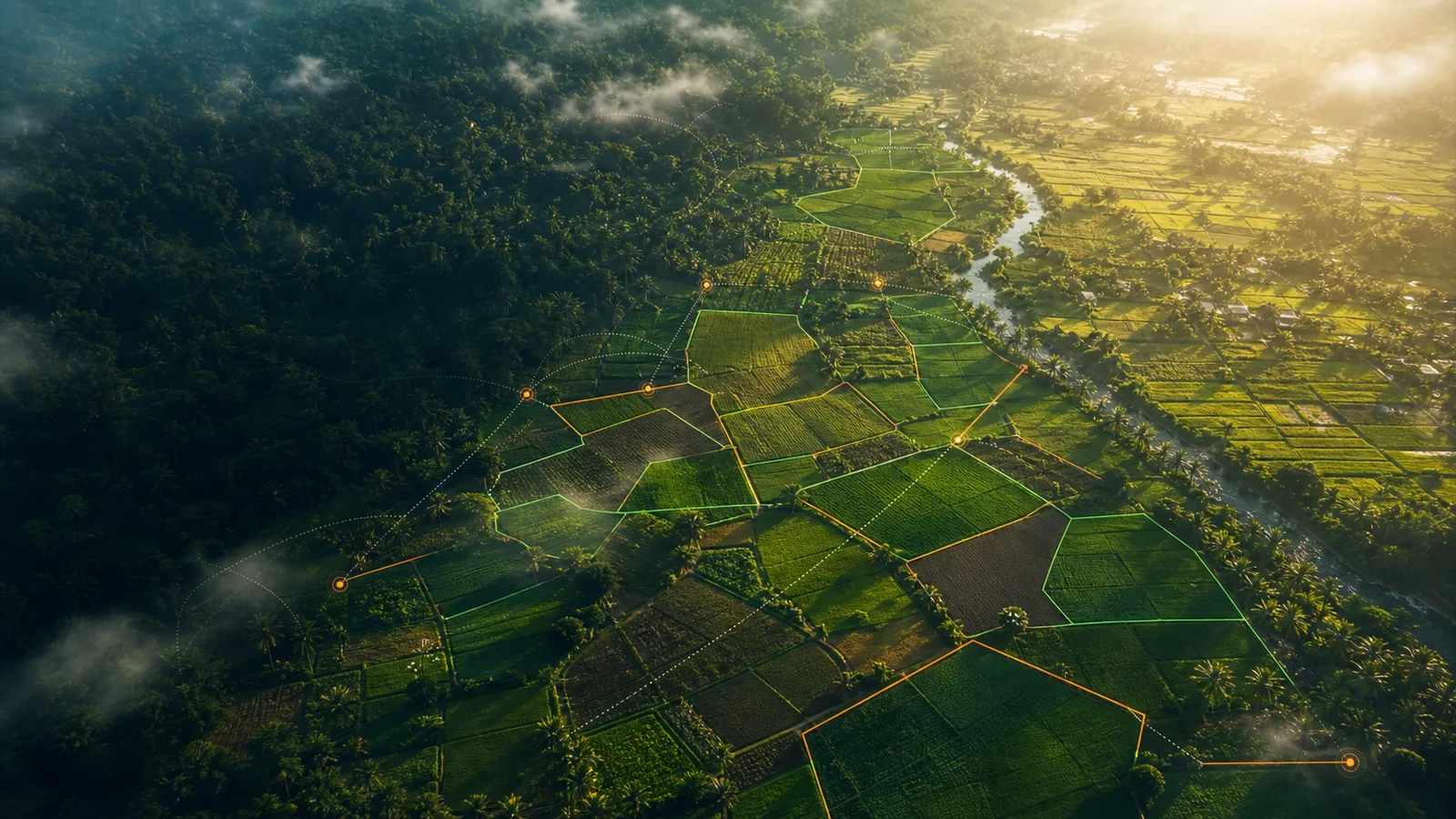 Aerial smallholder farmland with mapped plot boundaries and digital traceability routes